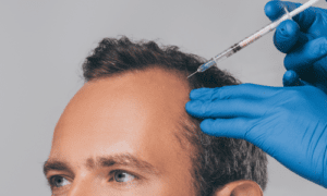 A man receives an injection along his receding hairline to stimulate hair follicle growth.
